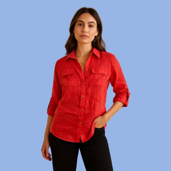 Calvin Klein Linen Button-Up Shirt Women’s Medium –Classic Roll Sleeve Blouse - Picture 1 of 6